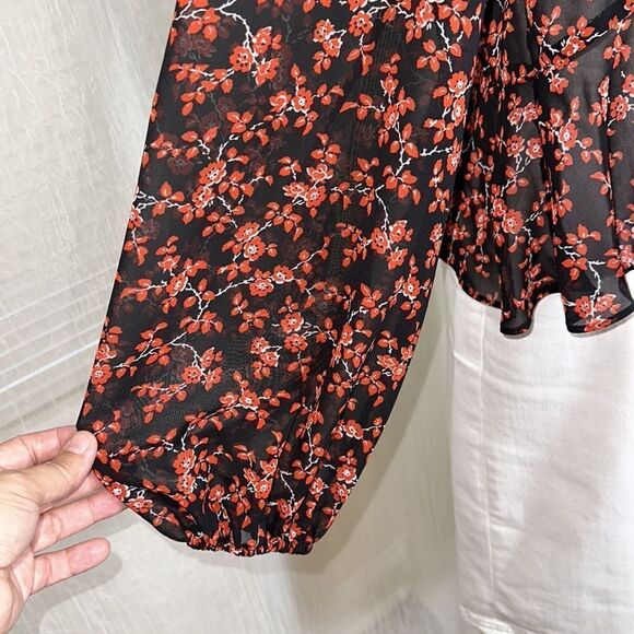 bar III L Black Red White Floral Long Sleeve Tie Front Peplum Ruffle Blouse - Picture 6 of 12